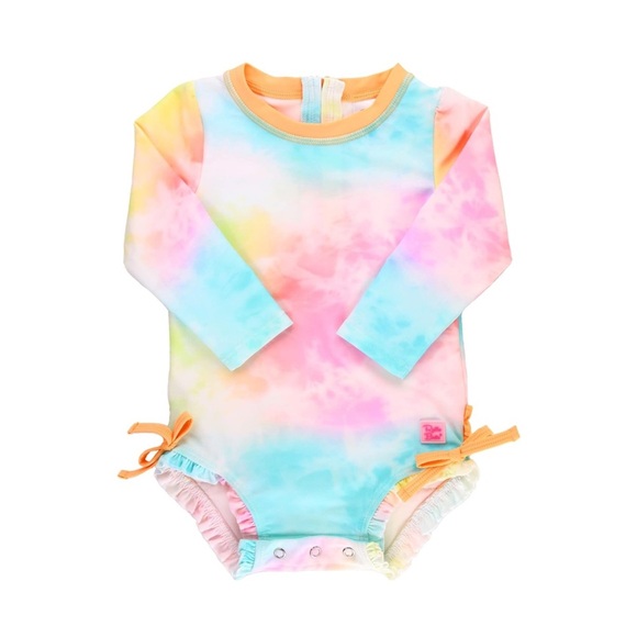 RuffleButts Baby Girl Rash Guard Swimsuit UPF 50+ Rainbow Tie Dye 18-24M - Picture 1 of 6